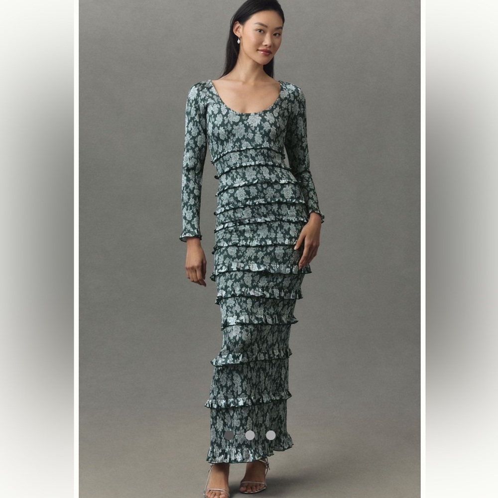 NWT Anthropologie V. Chapman Green Floral Longsleeve Ruched Ruffle Maxi Dress